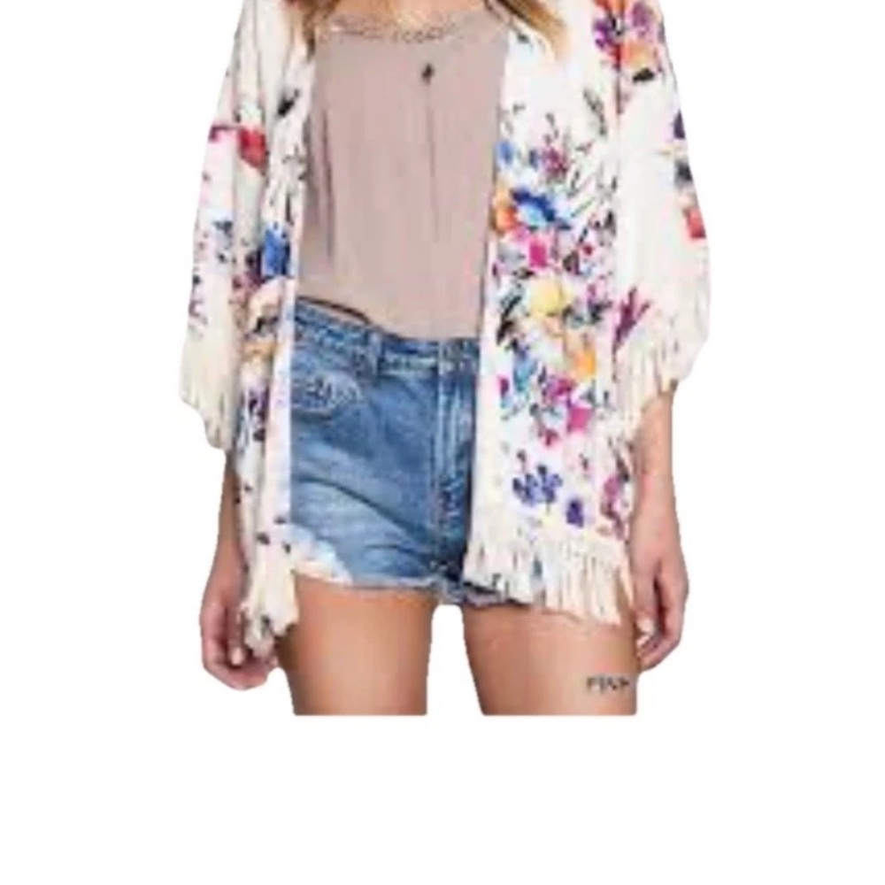 Umgee Floral Fringe Kimono Bohemian Oversized Small Open Front Pink Blue Cream